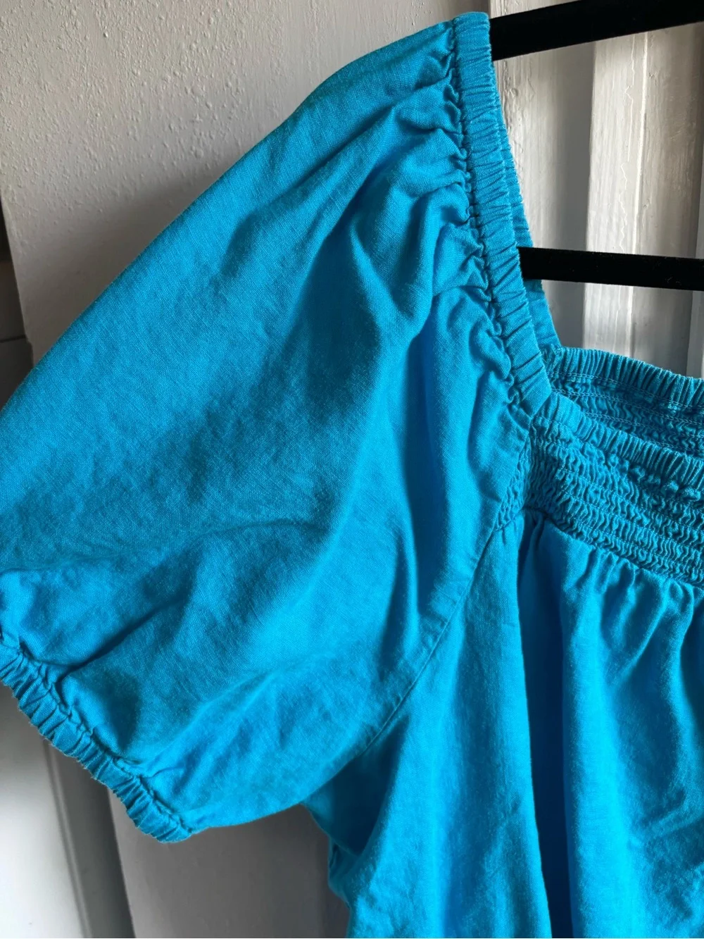 LOFT Bright Turquoise Square-Neck Linen Blend Puff Sleeve Top